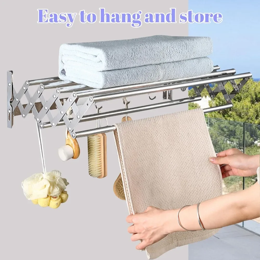 Clothes Drying Rack Wall Mounted Balcony Toilet Scalable Towel Storage Shelf Foldable Drying Racks Stainless Steel Towel Rack