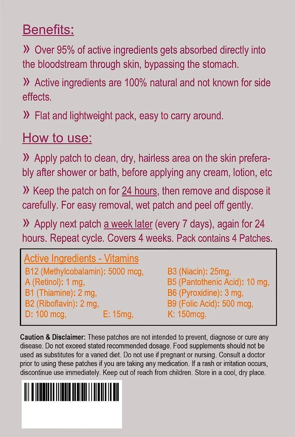 Vitamin B12-5000mcg (High Strength) Plus Additional Vitamins-Transdermal Patches. Patches Made in USA. 8 Weeks Supply.