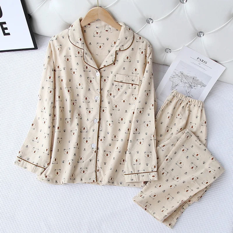 Autumn and winter new ladies pajamas long-sleeved trousers two-piece 100% cotton comfortable and cute cartoon home service suit