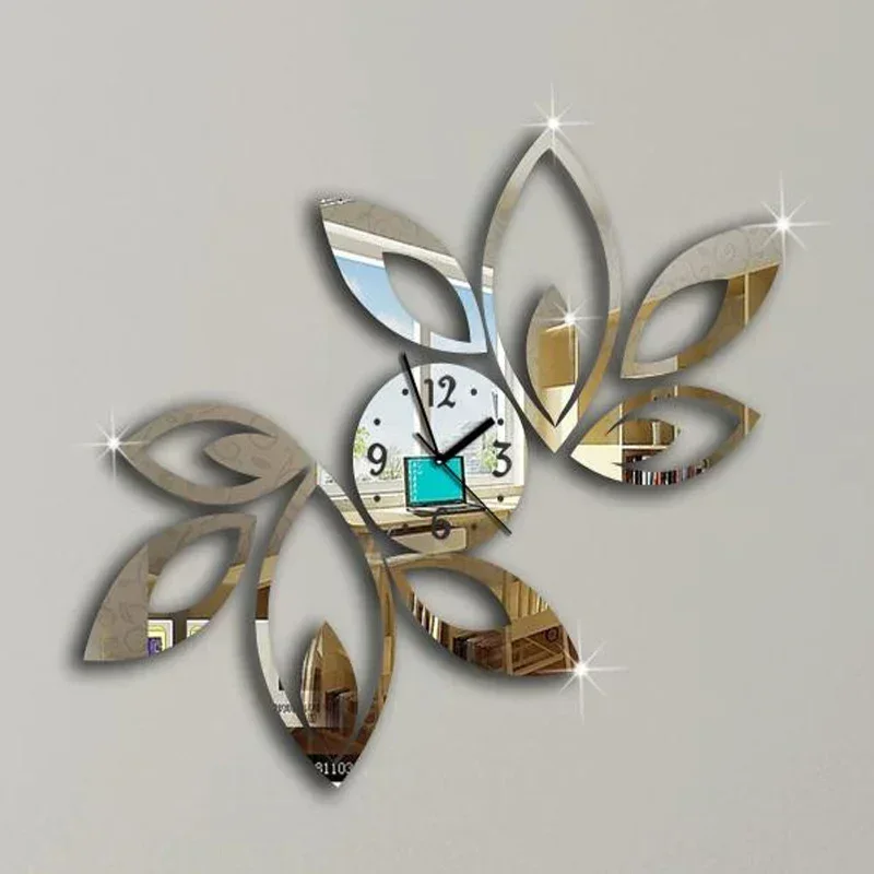 Clock on Wall Home Decor Multicolor Leave Acrylic Mirrored Design 3d Watch Living Room unique Gifts
