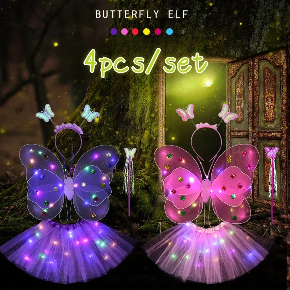 LED Glowing Colorful Kids Girls Fairy Princess Costume Stage Wear Luminous Butterfly Wings Wand Headband Tutu Skirts 4Pcs/Set