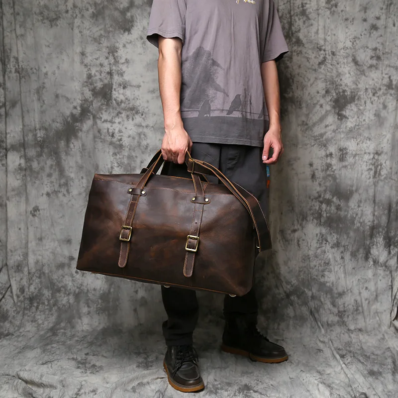 NZPJ Vintage Large Capacity Leather Travel Bag Men's Top Layer Cowhide Crossbody Handbag Crazy Horse Leather Luggage Bag
