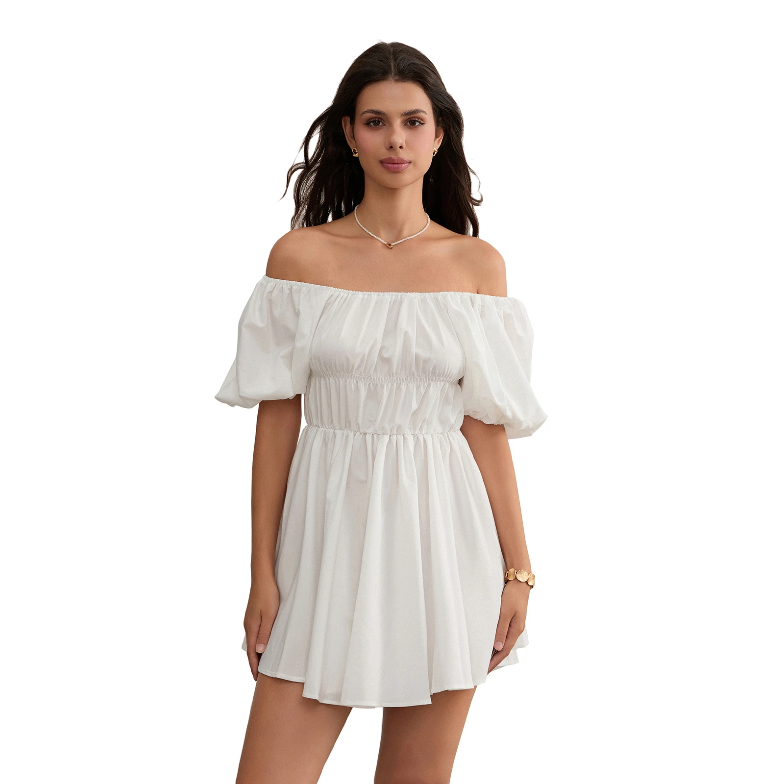 Vestido feminino casual de verão, moda sexy, cor sólida, elegante, manga curta bufante, ombro de fora, túnica, marrom/branco