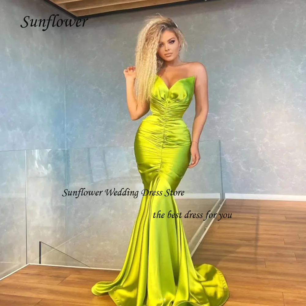 

Sunflower Simple V-Neck Mermaid Formal Evening Dress 2023 Slim Pleat Satin Floor-Length High-end Custom Prom Gowns Court Train
