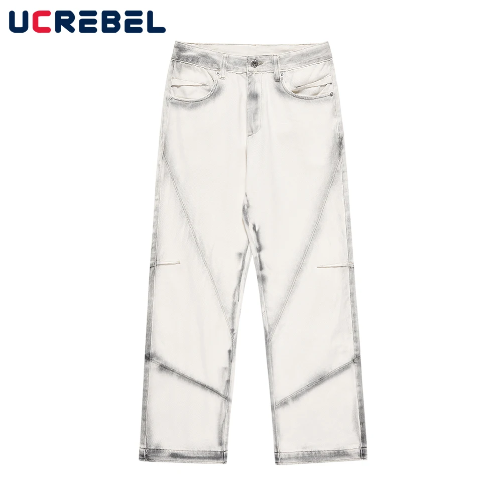 

Spliced Denim Pants Mens High Street Tie Dye Wide Leg Loose Jeans Men Trousers