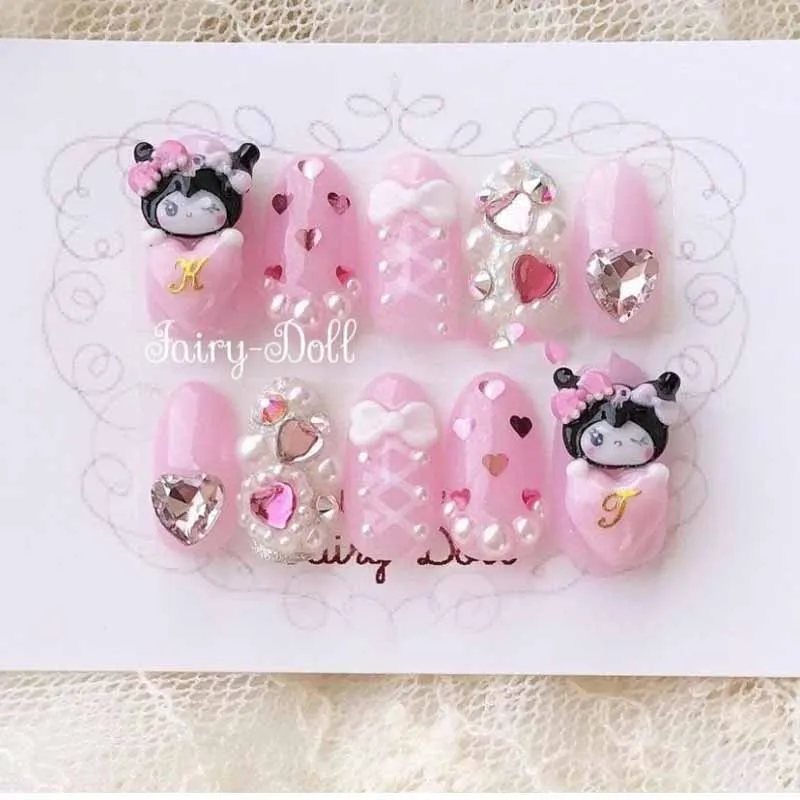 

Diy New Sanrioed Kuromi Autumn and Winter Cartoon Handmade three-dimensional Pink Fancy Colored Diamonds Detachable Nail patch