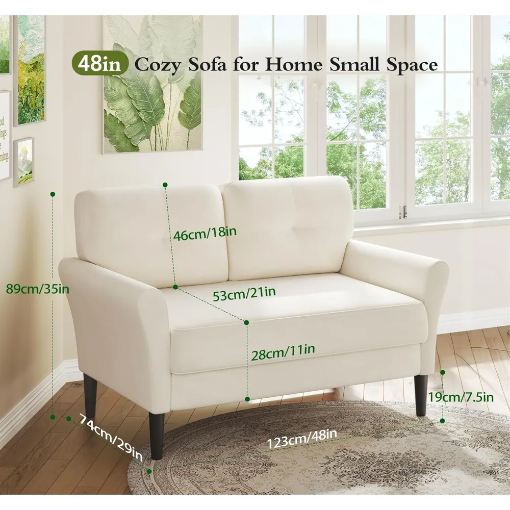small sofa couch, 48" loveseat sofa, soft velvet love seat couches, small couch for bedroom with 21" deep seat, comfy couches fo