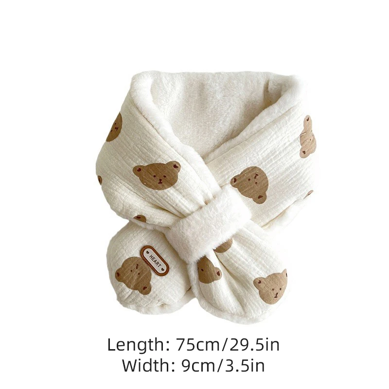 Cute Bear Baby Scarf Winter Warm Plush Cross Neckerchief for Boy Girl Korean Cartoon Print Faux Fur Kids Neck Collar