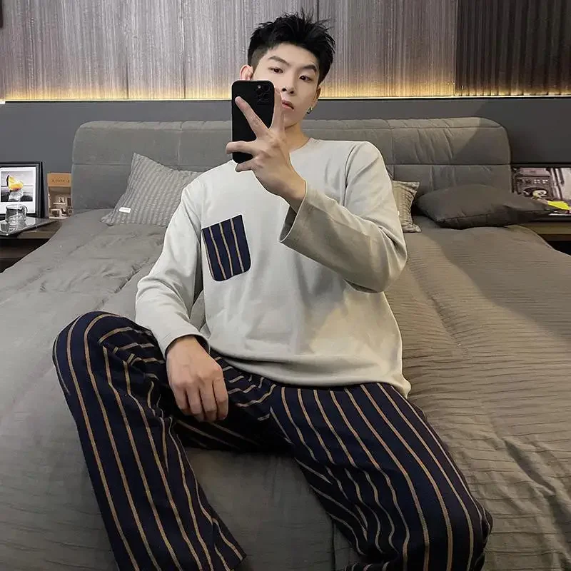 New Autumn Men's Pajama Set Double Pocket Comfortable Loose Fit Casual Style Simple Design Sleepwear Male Nightwear