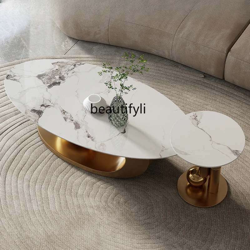 

Coffee Table Light Luxury Stainless Steel Shaped Oval Home Italian Minimalist Living Room Combined Tea Table