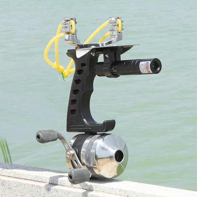  Tirachinas con vista láser verde lanzamiento automático de  pesca Slingshot al aire libre catapulta de alta velocidad Arco de pesca  profesional con carrete de pesca de metal (disparar tirachinas de 
