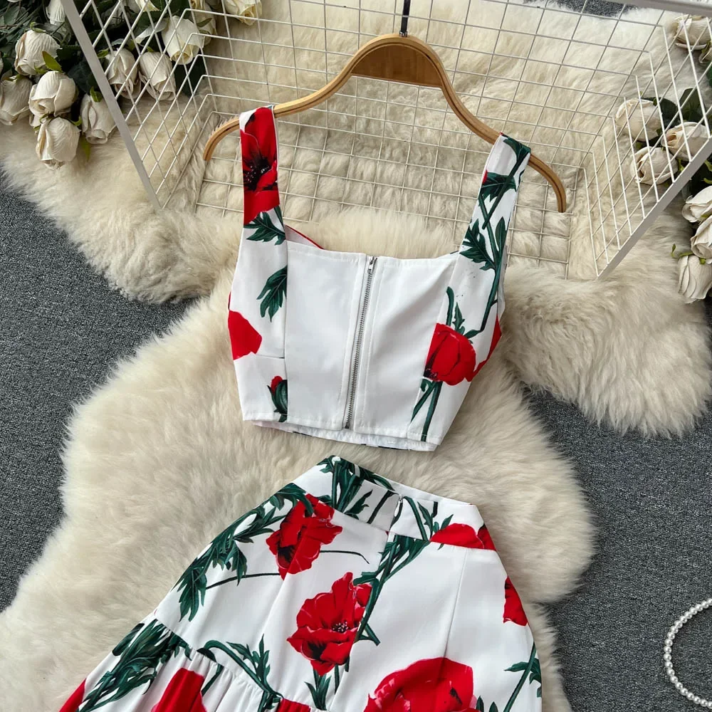 2024 Light Luxury Style Square Collar Camisole Top with High Waist Niche Design Sense Printed Skirt Suit Two-piece Female
