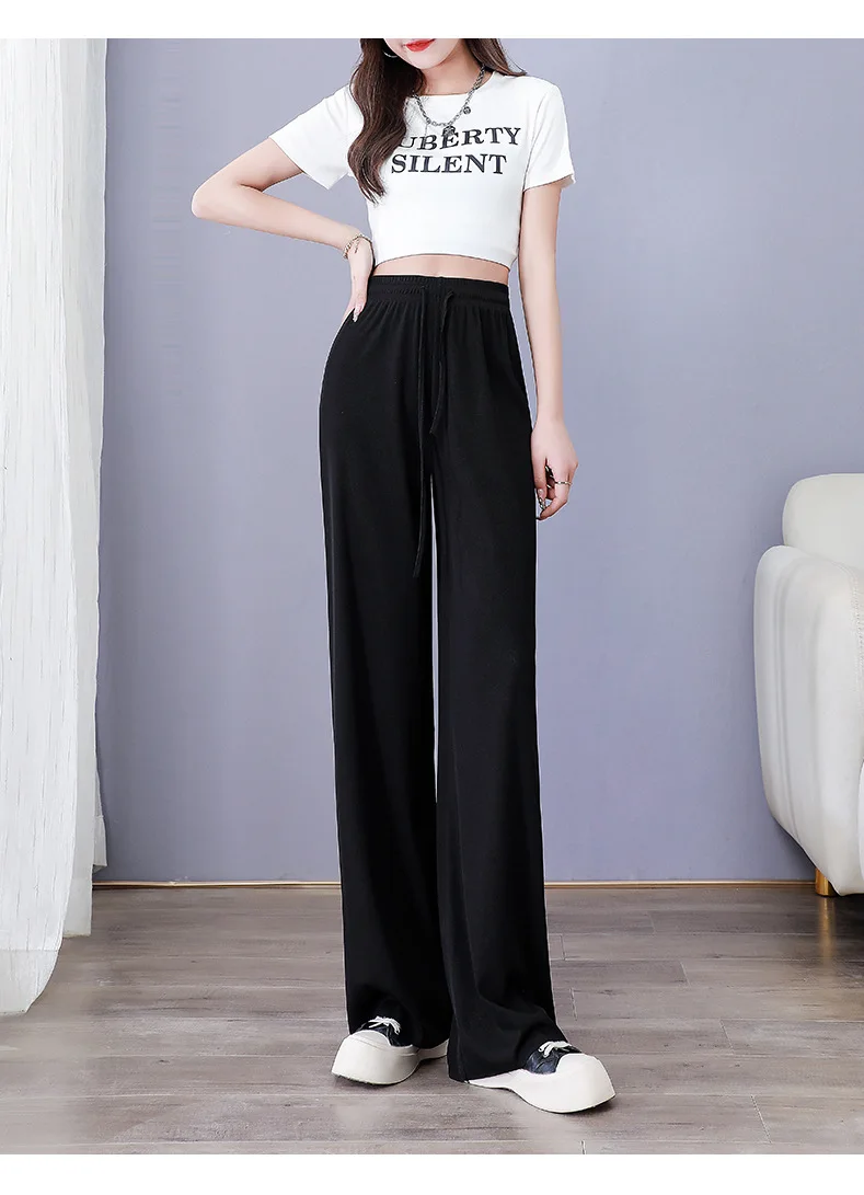 Women Pants Spring Summer Ice Silk Wide Leg Pants 2023 High Waist Loose Straight Casual Pant Female Outdoor Black Trousers