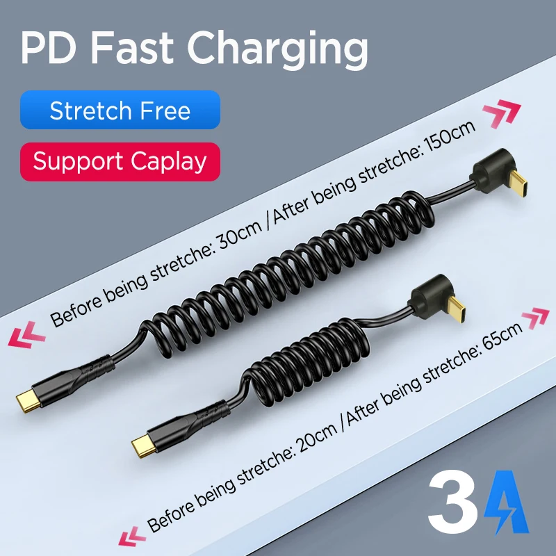 Right Angle Coiled USB C Fast Charging Cable