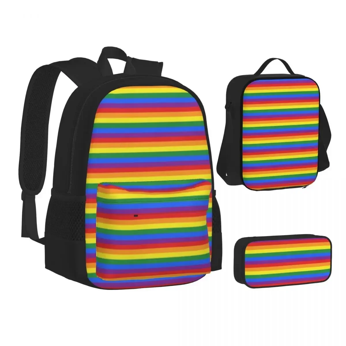 

Rainbow Stripes Backpacks Boys Girls Bookbag Students School Bags Cartoon Kids Rucksack Lunch Bag Pen Bag Three-Piece Set