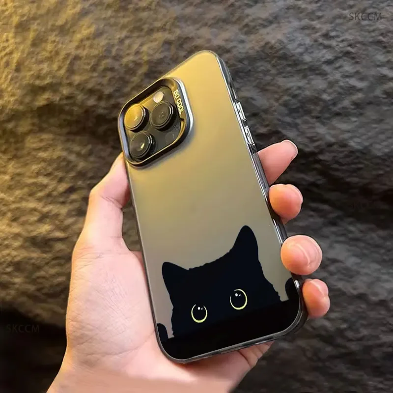 Cute Black Cat Pattern Shockproof Matte Phone Case with Plating Design