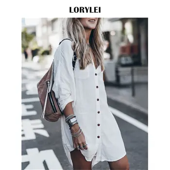 Women Summer Fashion Beach Tops Swimsuit Cover Up Summer Long Sleeve White Pocket Button Front Open Shirt Dress N648 1
