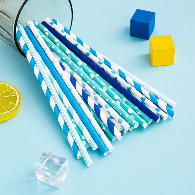 Kraft Paper Disposable Paper Straws, Degradable, Environmentally Friendly, Toilet Paper, Blue Series, Straight Straws