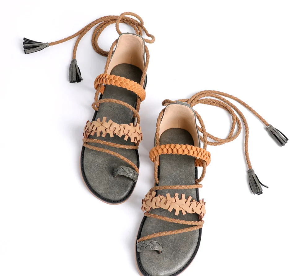 

2023 Casual Flats Women Weave Knit Sandals Boho Bohemia Ethnic Sandals Tassel Fringe Lace Up Shoes Flip Flops Big Size 41 42