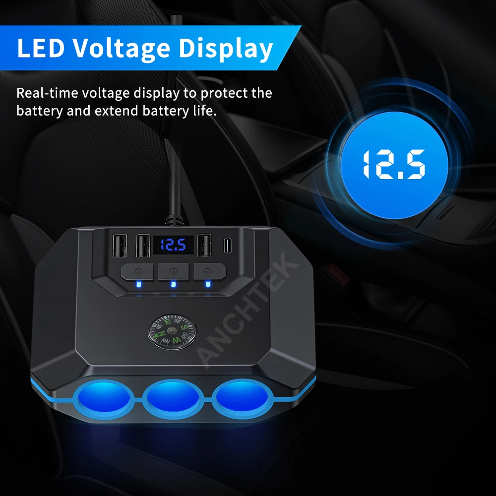 Anchtek 120W Auto Zigarettenanzünder Adapter USB Schnellladegerät Splitter Multinational Steckdose Anschlüsse LED Voltmeter Autozubehör – Detail 9