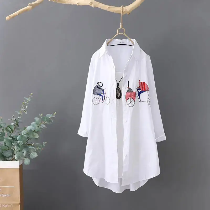 DAYIFUN-White Polo Neck Shirts Sweet Embroidered Pattern Design Blouses Loose Mid Length Lady Bottom Tops Spring New Blusas 2024