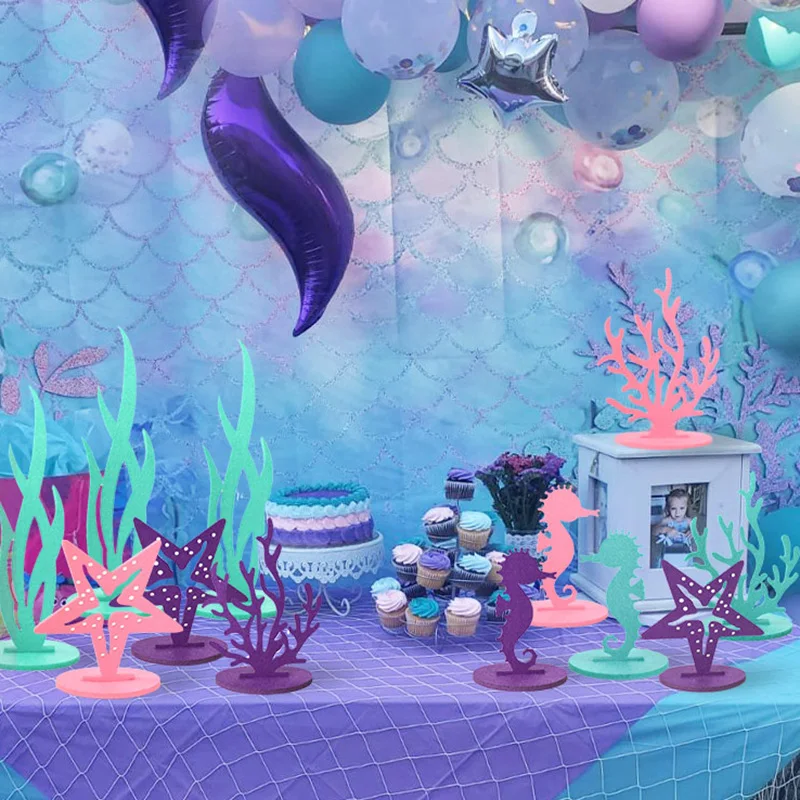 2Pcs Little Mermaid Theme Party Decorations DIY Felt Coral Table Ornament Under the Sea Girl Birthday Party Supplies Baby Shower