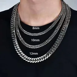 HNSP Stainless Steel Cuban Chain Necklace for Men, Punk Neck Chains, Silver Color, Jewelry Accessories, Gift, 8mm-14mm