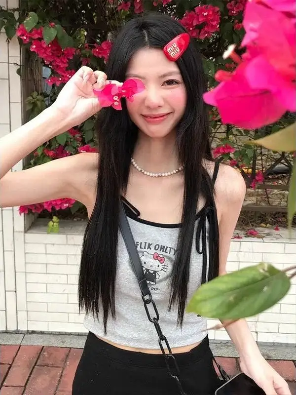 Sexy Modal American Hot Girl Kit Print Strap Vest Women's Summer Svel Pure Desire Tie Dye Tank Top ort Length