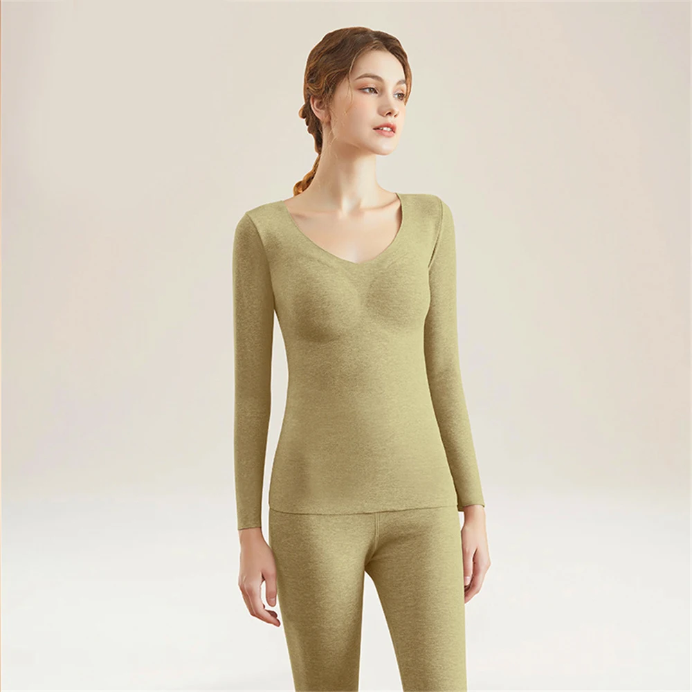 Women V-neck Seamless Thermal Underwear Set Autumn Winter Warm Lingerie Long Sleeve Tops With Chest Pads Trousers Two-piece Suit