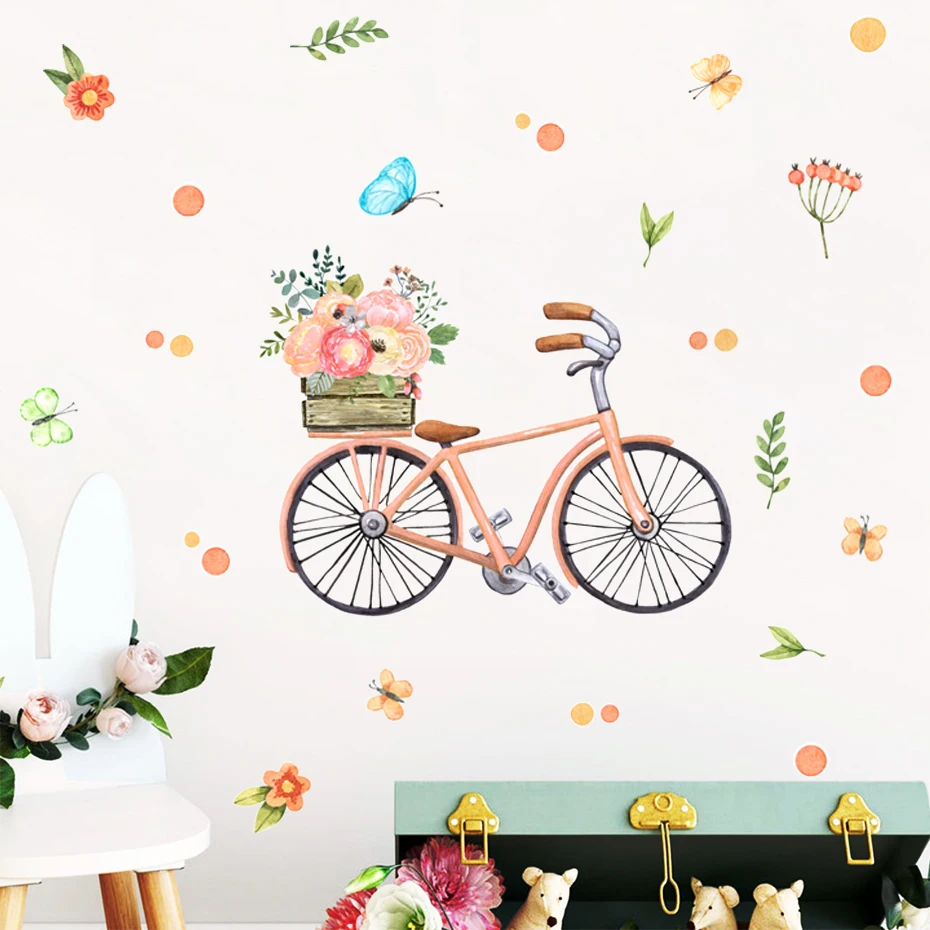 

Cartoon Vintage Bicycle Floral Bouquet Butterfly Nursery Wall Decals DIY Vinyl Wall Stickers Kids Baby Room Interior Home Decor