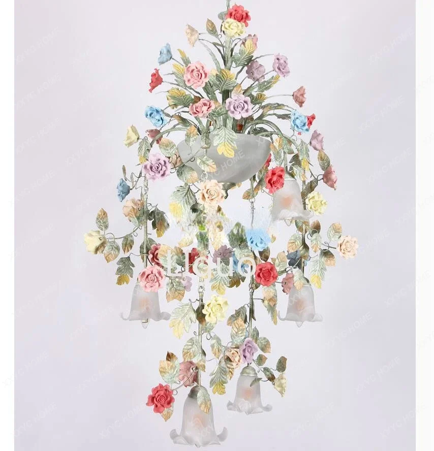 Description Picture 3 of itemArt Floral Chandelier lamp Lustre Light 7L/10L Colorful Ceramic Rose Pendant Chandelier Light Fixture E14 LED AC Home Decoration