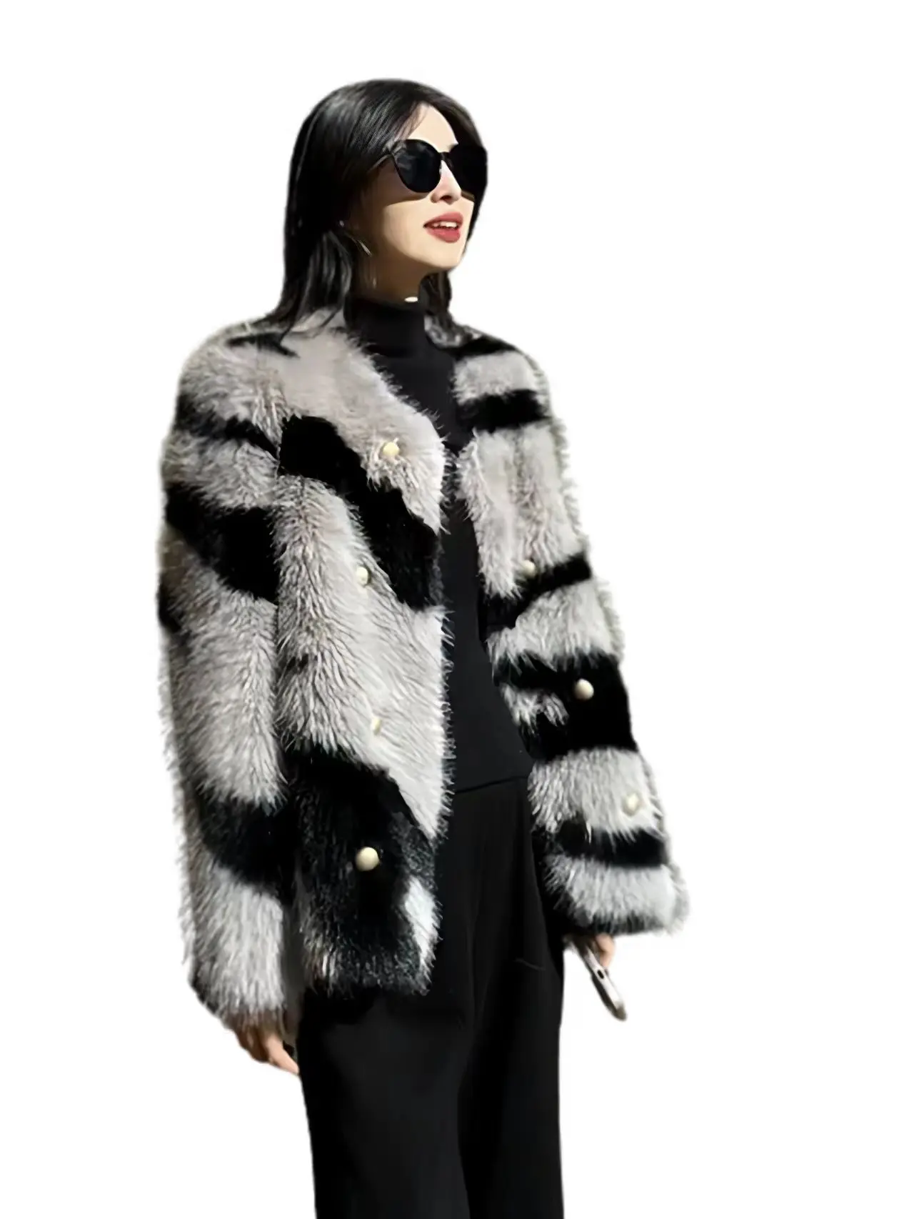 Hot Selling Zebra Patterned Fake Fur Coat, High-end V-neck Double Breasted Women's Fur Jacket, European Winter New 2024