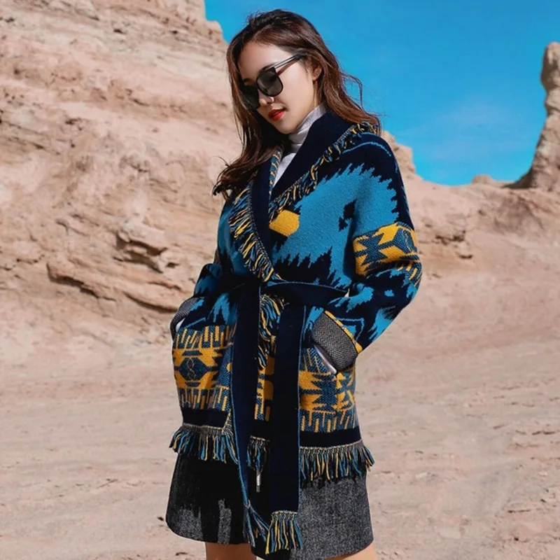 

Jastie Autumn Winter Ethnic Style Tassel Sweater Cardigan Lapel Long-sleeve Loose Retro Long Knitted Jacket For Women Clothing