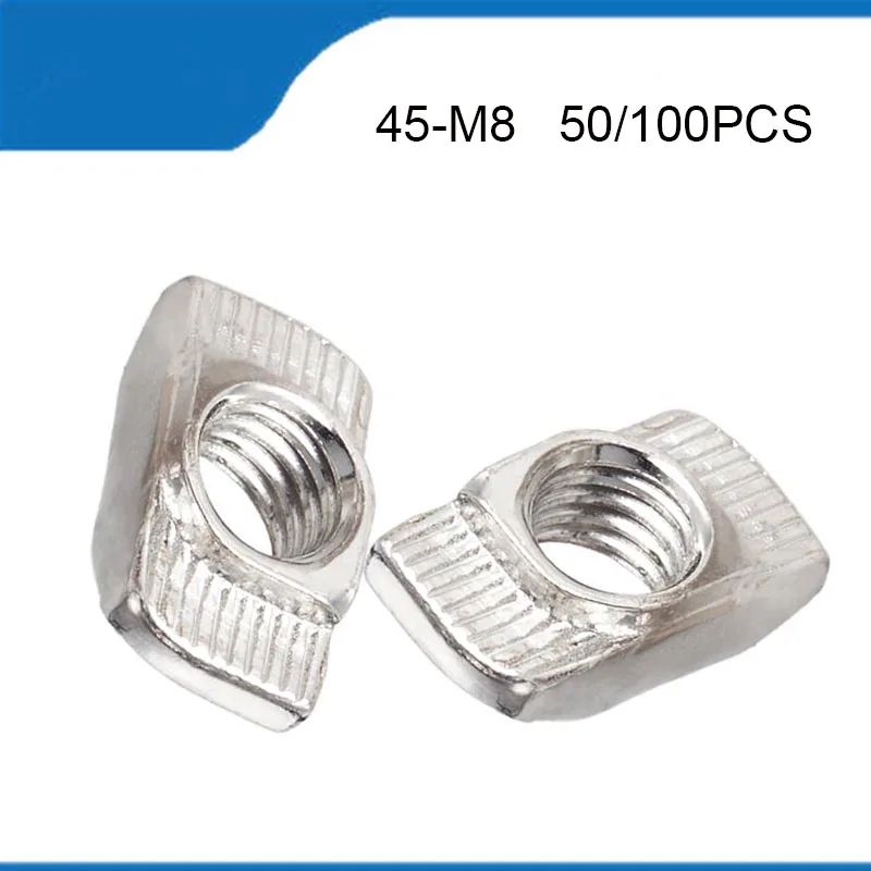 

50/100 шт. гайки M6 T 4545-M8 T, гайки для отбойного отверстия 45 серии, алюминиевые 45-M8 профильные экструзионные крепежные детали, паз 10 мм