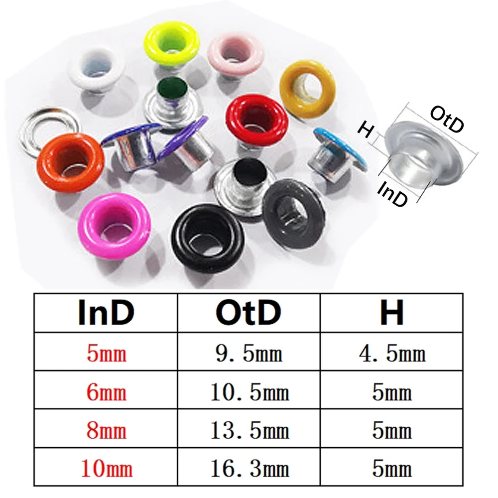 

100sets 5/6/8/10mm Metal Painted Color Eyelet Grommet Round Rings for DIY LeatherCraft Bags Shoes Clothing Belt Hat Accessories