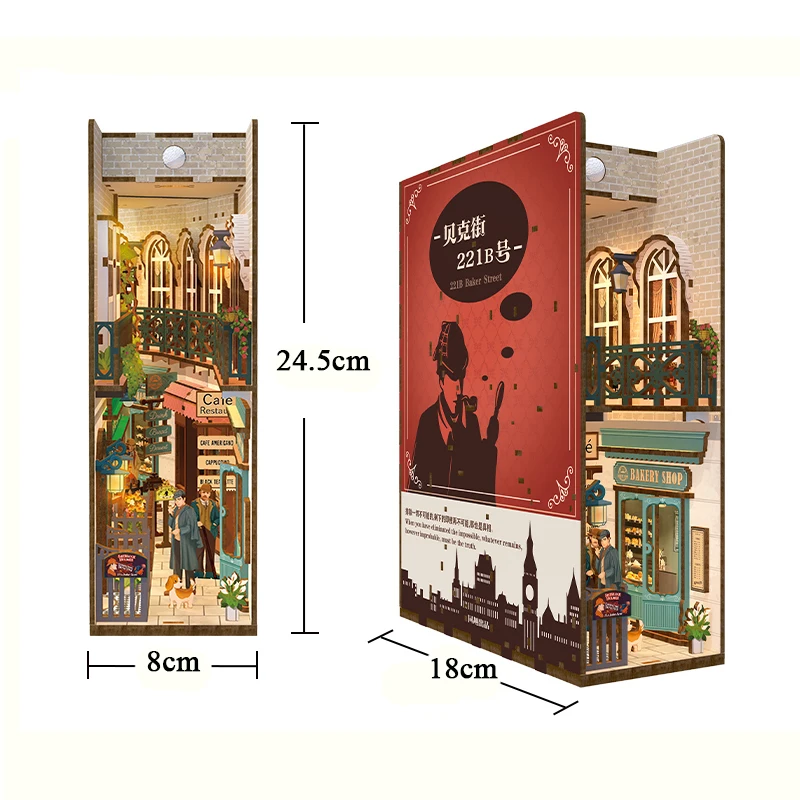 NEW DIY Wooden Book Nook Shelf Insert Kits Sherlockk Holmess Detective Agency Bookends Miniature Building Kits Bookshelf Gifts 6