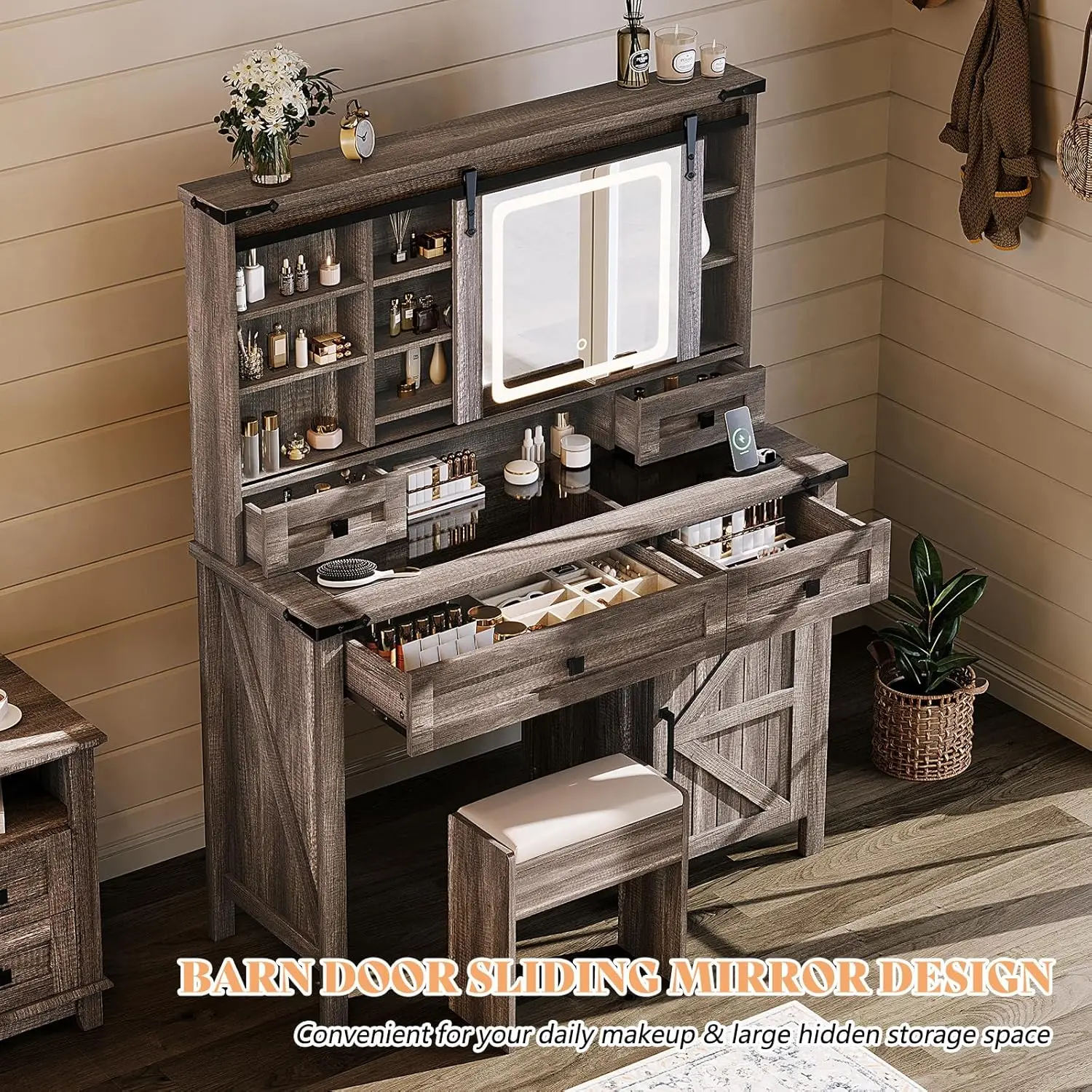 42'' Farmhouse Makeup Vanity Desk with Sliding Mirror and Lights, Glass Tabletop Vanity Table with 2 Drawers & Shelves