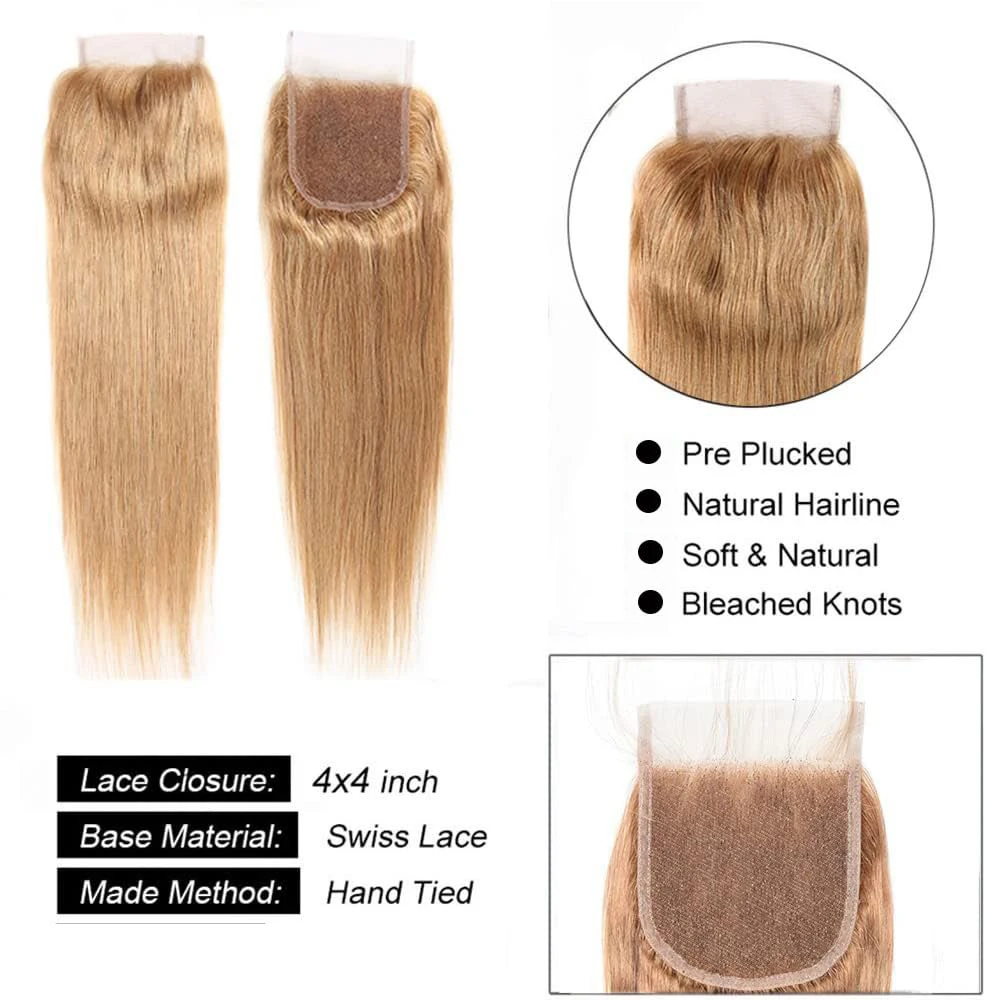 #27 Honey Blonde Straight Human Hair Lace Closure 4x4 Lace Part Brazilian Virgin Hair 10-18 Inch Full End