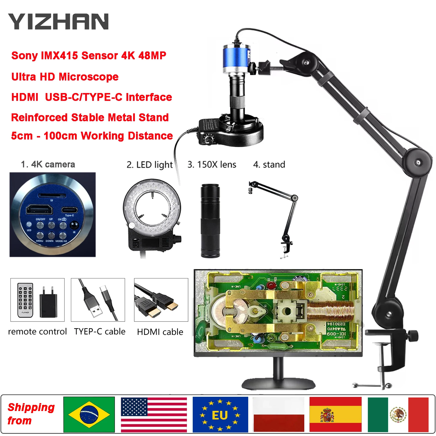 Yizhan-Microscope Numérique Industriel HD 1080P 4K HDMI USB VGA, Support de Microscope à Zoom 215X 180X 150X 130X pour la Soudure, Expédition de l'UE, livraison rapide