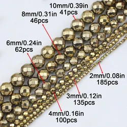 Natural Matte Silver Hematite Stone Beads - Round Loose Spacer Beads for DIY Jewelry and Charms, 2 - 10mm (Faceted Brass Color)