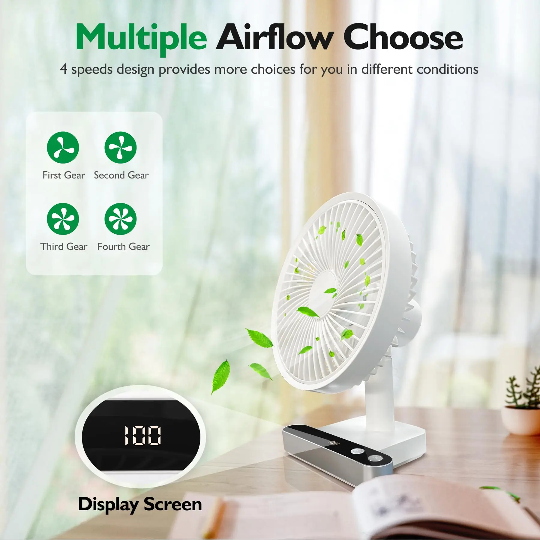Oscillating Desk Fan 4000mAh Battery Powered & USB Rechargeable Small Personal Fan Quiet Table Fan Portable Fan 4 Speed with LED 2