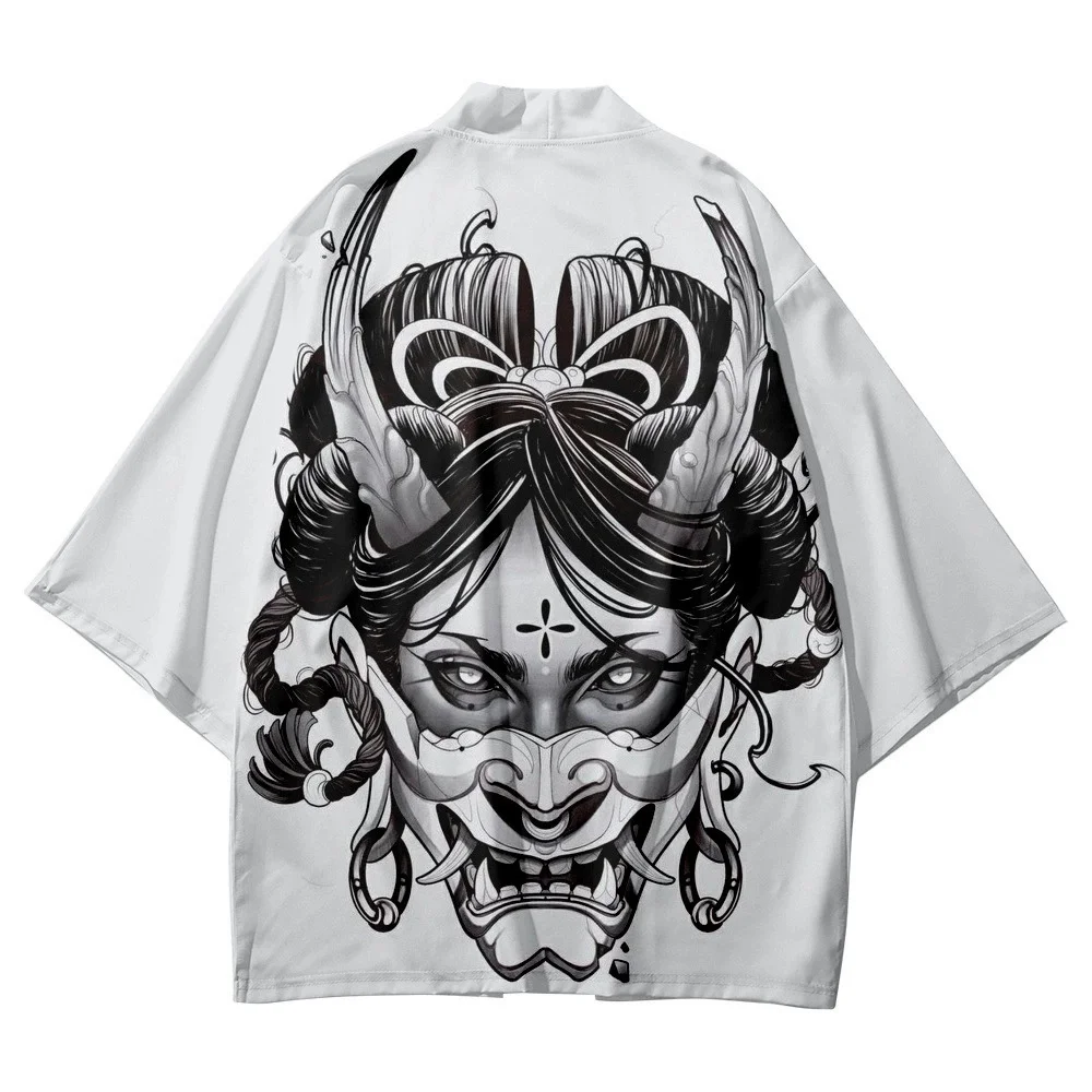 Men Women Beach Yukata Asian White Clothing Japanese Cardigan Cosplay Haori Demon Print Shirts Traditional Casual Kimono