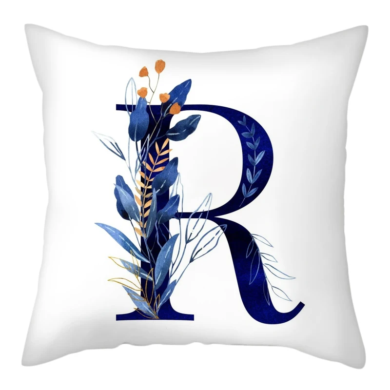 Simple Blue Leaf Alphabet Print Cushion Case 26 Letters Decoration Pillows Case Sofa Chair Livingroom Polyester Throw Pillowcase 