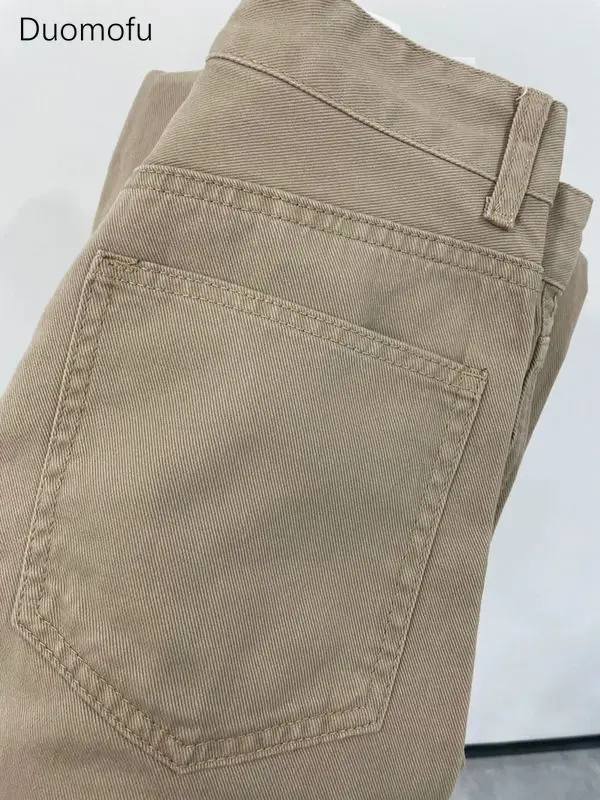 Duomofu Khaki New High Waist Slim Simple Women Jeans Autumn Casual Classic Full Length Fashion Pure Color Straight Female Jeans 2