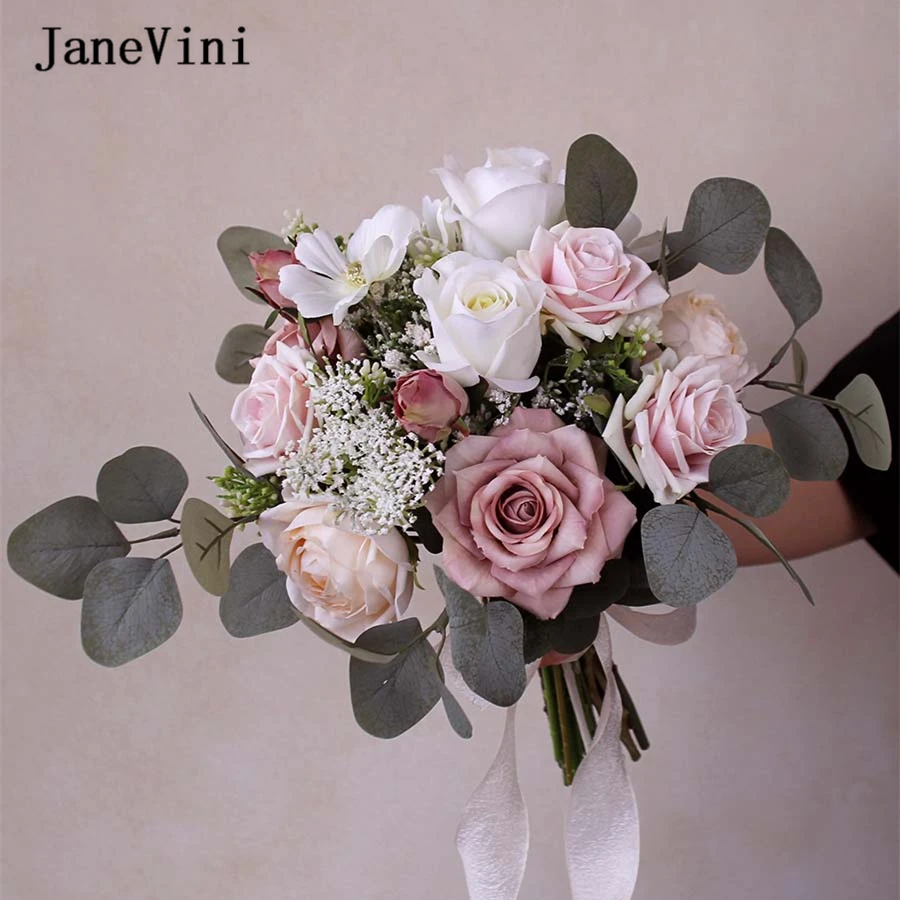 JaneVini Romantic European Dusty Pink Bridal Hand Bouquets Artificial Silk Roses Hydrangea Wedding Bouquet Boho Accessories wedding bouquets artificial rose flowers wedding flower decoration