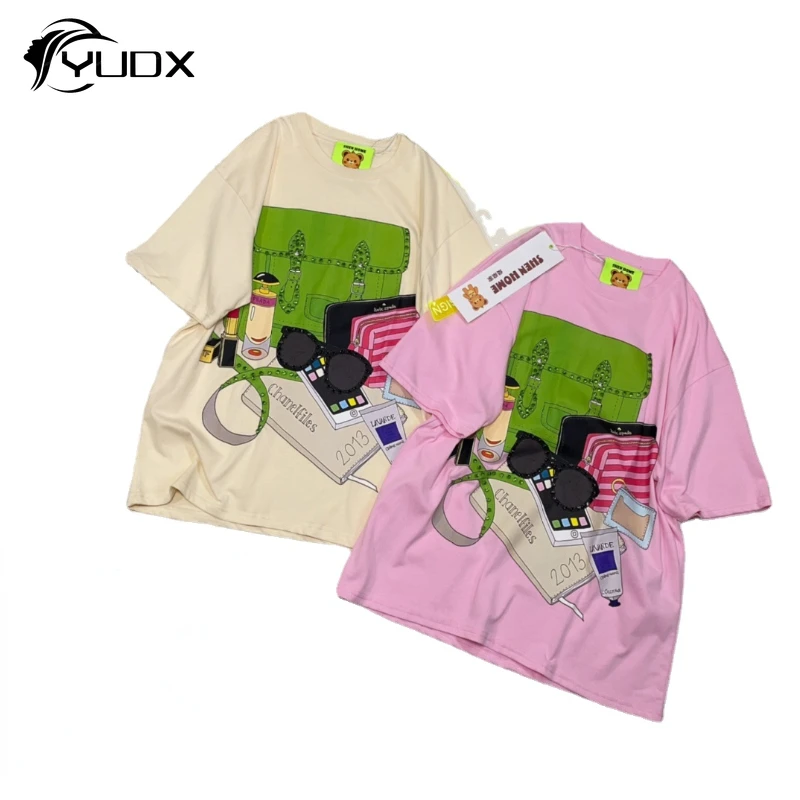 

YUDX 2024 New Spring Summer Women Short Sleeve T-shirt Trendy Diamonds Printed Loose O-neck Pullover Top Cotton Casual Tees