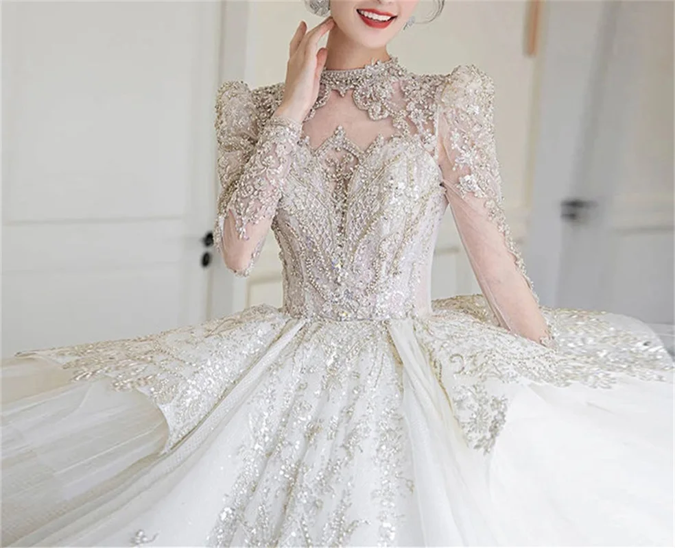 Robe de Mariée de Dubaï à Manches sulfet Col Haut, Tenue de Bal, de Luxe, en Clip, pour Patients, à Paillettes et Perles