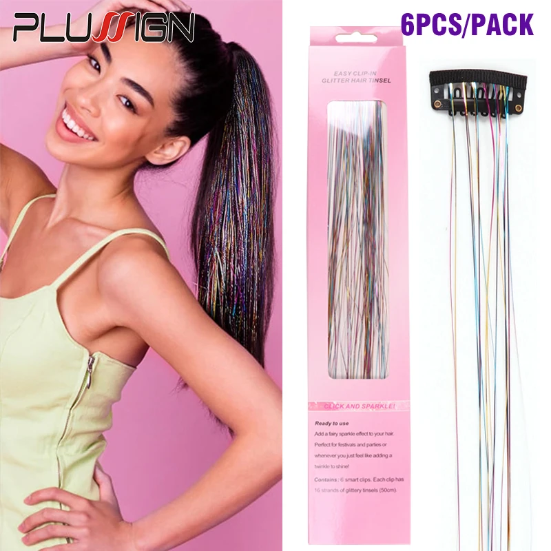 

Plussign Easy Clip In Glitter Hair Tinsel Rainbow Headwear Sparkle Shiny Hair Extensions For Party,Stage Show 50Cm 6Pcs/Pack