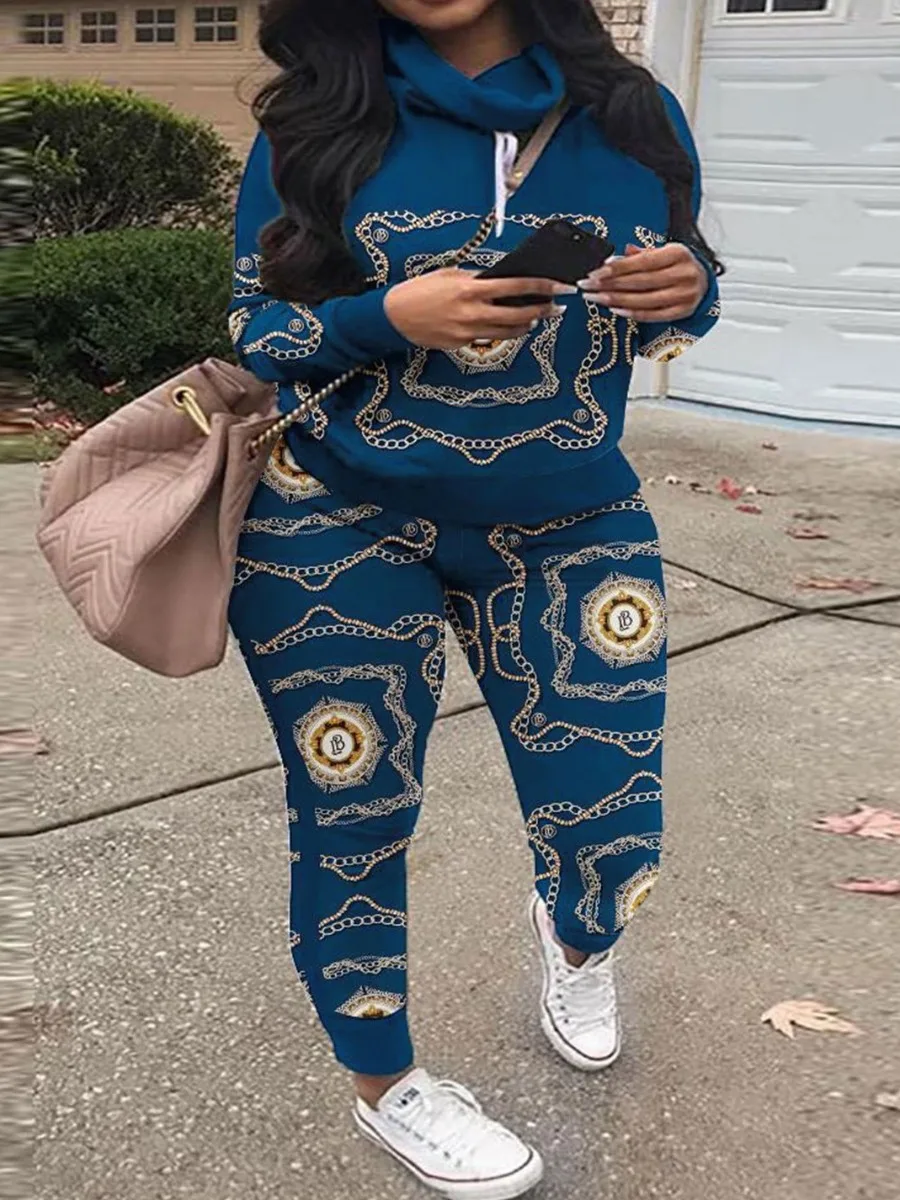 

Female Autumn Sport Pants for Women Two Piece Pants Sets Plus Size 2023 Women's Tracksuit Chain Print Drawstring Pants Set