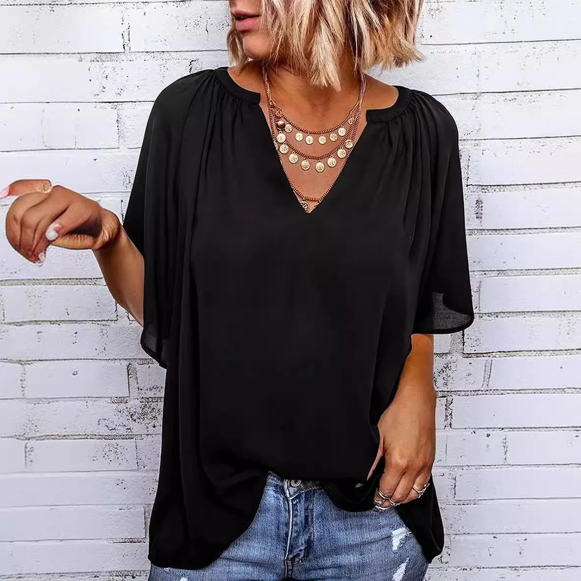 Casual Female V Neck Half Sleeve Loose T Shirts